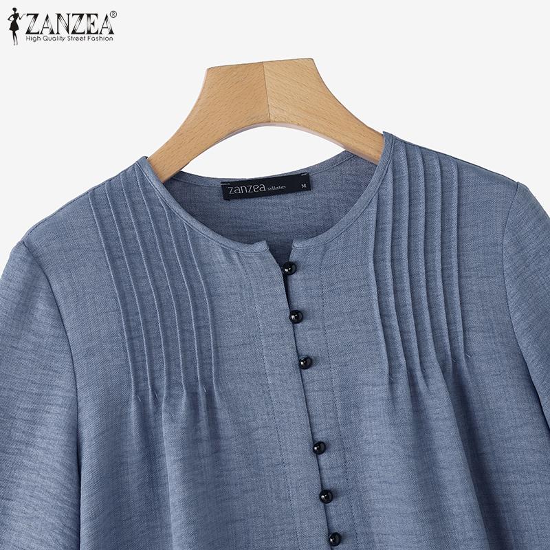 ZANZEA Dámská ležérní halenka s kulatým výstřihem, volným 3/4 rukávem a jednobarevným provedením