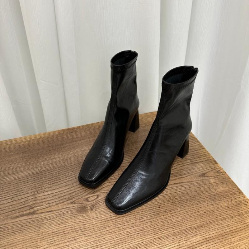 Vintage Square Toe Dick Absatz Damen Stiefelette Mode Square Toe Damen Elastische Schlanke Kurze Stiefeletten Herbst Winter Damen Schuhe