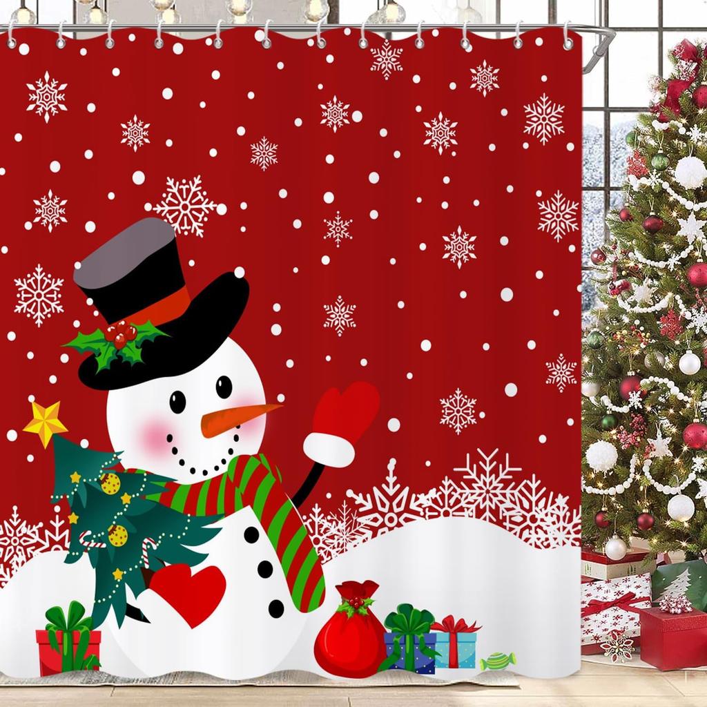 Red Christmas Snowman Shower Curtain With Snowflake Pine Tree Design, Waterproof Winter New Year Holiday Bathroom Decor
