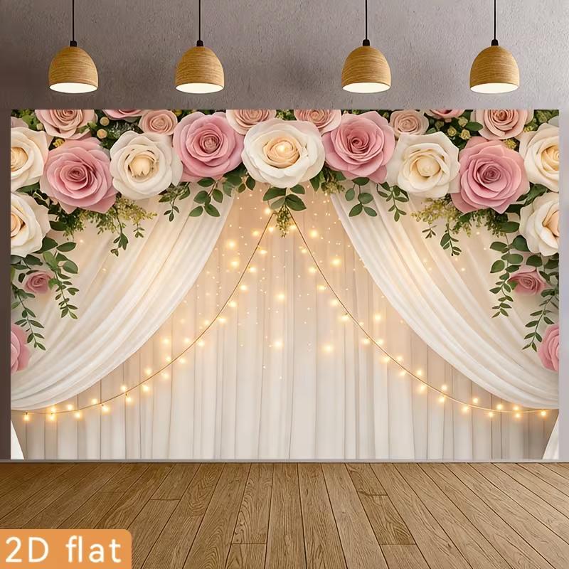 Pink Rose Curtain Wedding Tapestry, Floral Fairy Light Background Cloth, Romantic Party Backdrop
