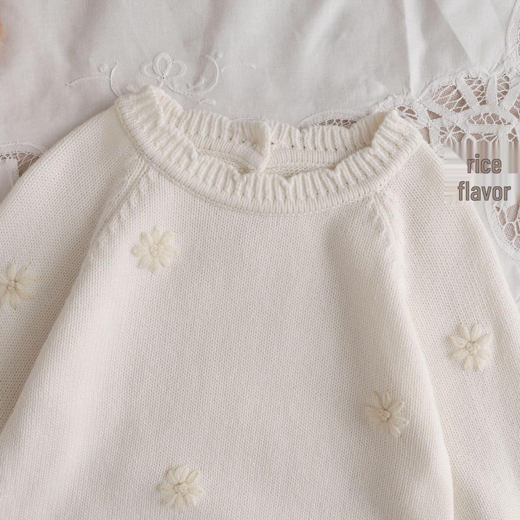 Spring Style Cotton Romper: Infant & Toddler Sweater with Hand-Crocheted Flowers, Long Sleeve, 0-2 Years