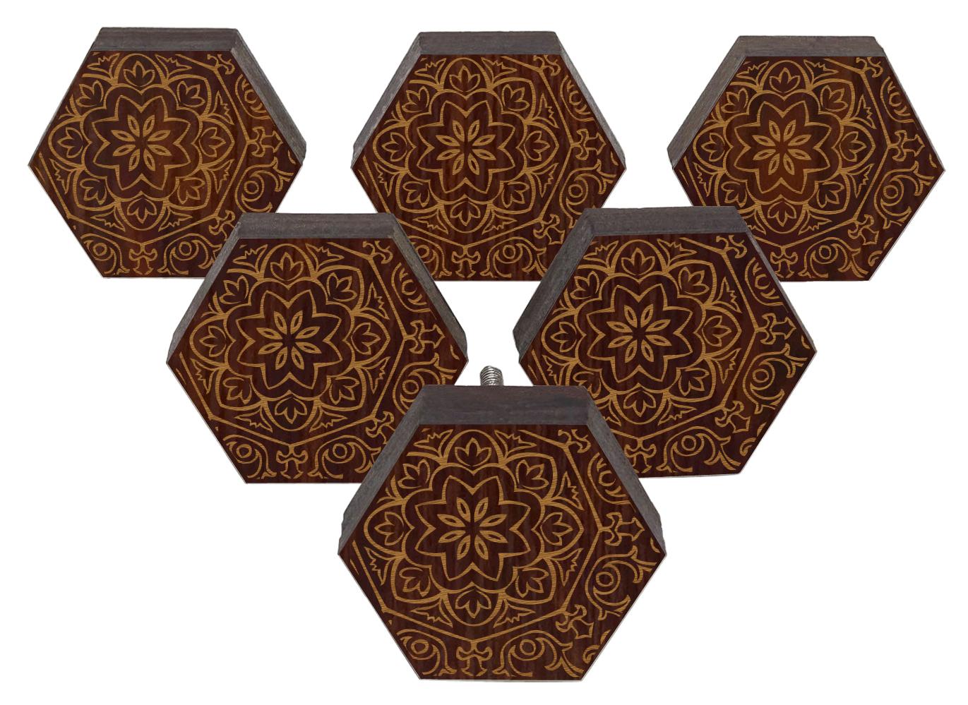 

IBA Indianbeautifulart Brown Engraved Knobs 10 Pc Furniture Wooden Scallop Knobs Rustic Drawer 2 x 2 Inches-Hexagon коричневий