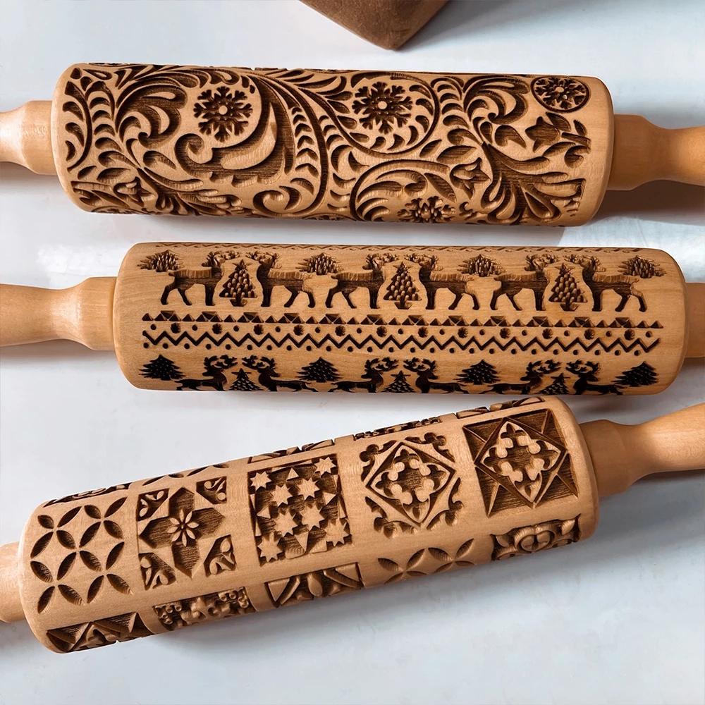 Wooden Christmas Rolling Pins Rock Snowflake Elk Embossing Baking Tool Cookies Biscuit Fondant Cake Patterned Roller Dropship