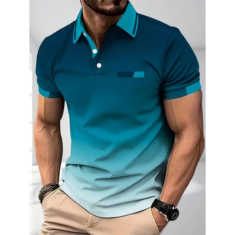 Men's Gradient Print Short-Sleeved Casual Sports T-Shirt with Stand-Up Collar and No Pockets - Summer Men's Clothing Gift