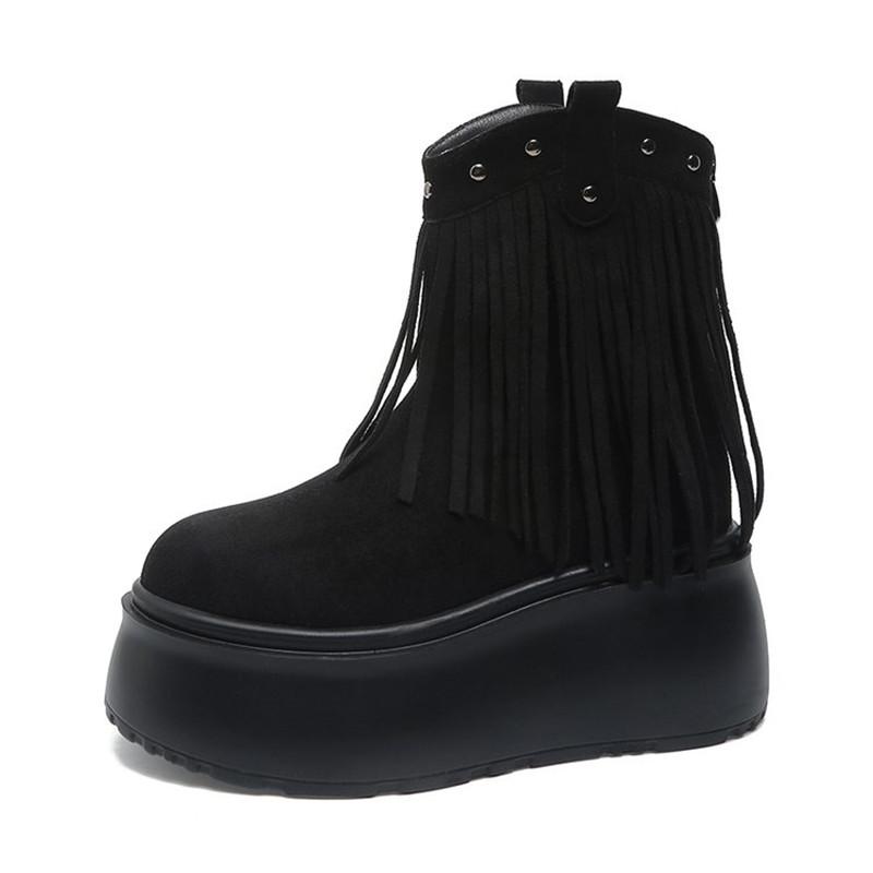 

8CM Women Tassels High Heels Thick Platform Short Boots Chunky Leather Shoes Woman Autumn Winter Platform Motorcycle Boots Botas 35