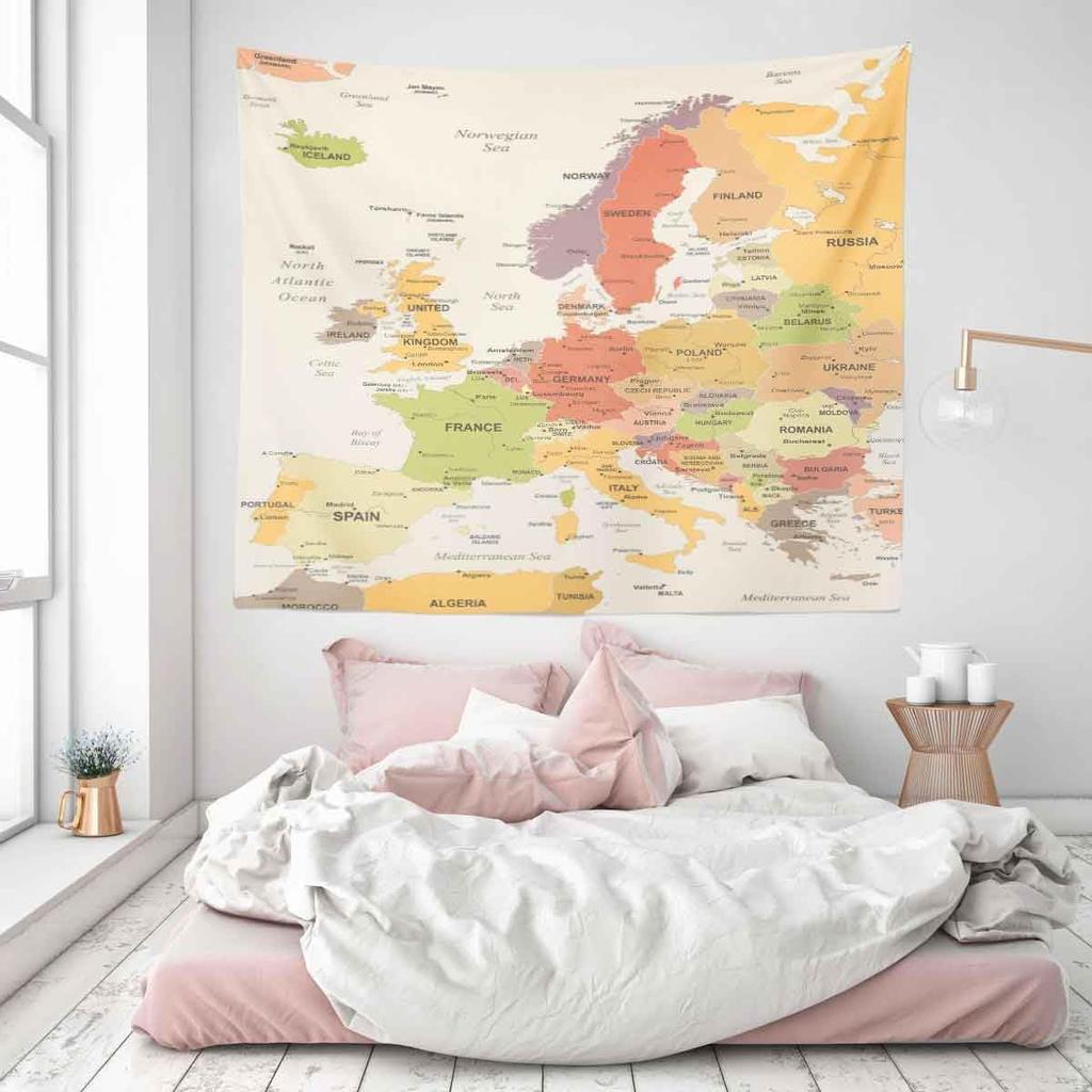 BULOR  Map Tapestry Wall Hangings EU Euro Vintage Map with Countries Cities Tapestry For Kids Student Bedroom Living Room Dorm Cave Background