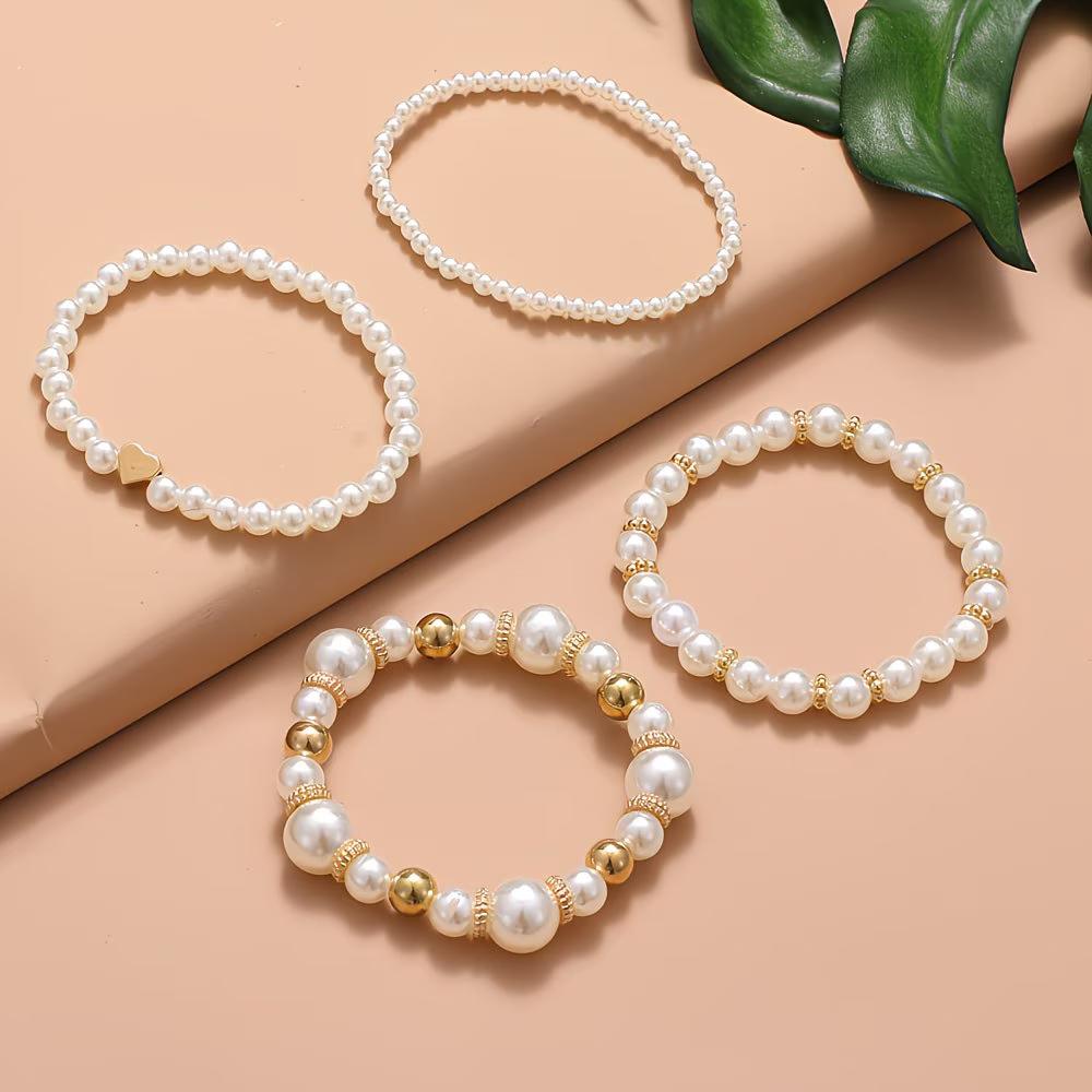 4pcs Elegant Vintage Minimalist Women'S CCB Imitation Pearl Beaded Elastic Bracelet Set , Suitable for Daily Wear, Vacation, Parties, Weddings Gifts,