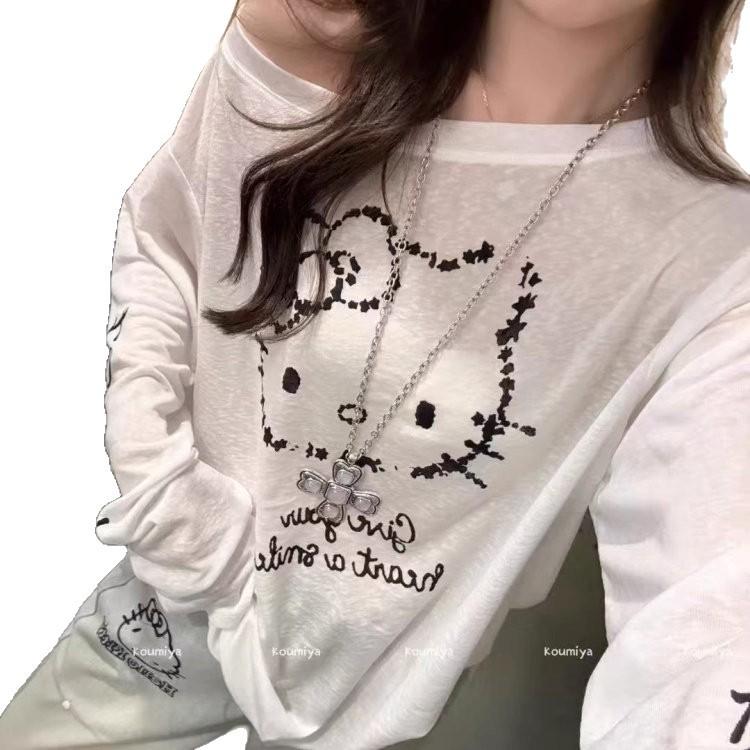 South Korea Dongdaemun Summer New Cartoon Printing Sunscreen Long-sleeved T-shirt Women's Loose Versatile Diagonal Neck Off-the-shoulder Top