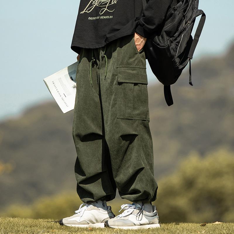 Men's Casual Trendy Army Green Corduroy Overalls - Autumn & Winter Wide-Leg Trousers