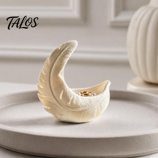 Warm Touch Home Accessory 3D Printed Feather & Crescent Moon Trinket Dish, Silk White Matte Decorative Design Storage Bowl, Artistic Multi-Functional