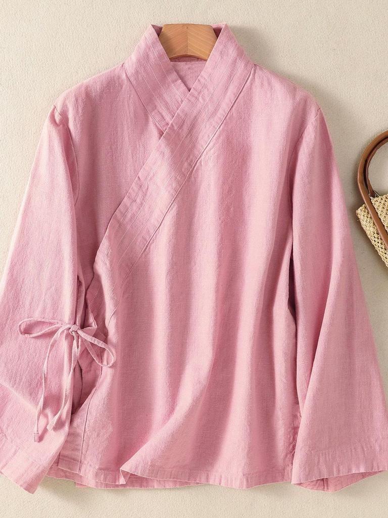 V-Neck Lace-Up Loose Slimming Chinese Style Cotton Linen Long-Sleeve Top for Spring/Summer