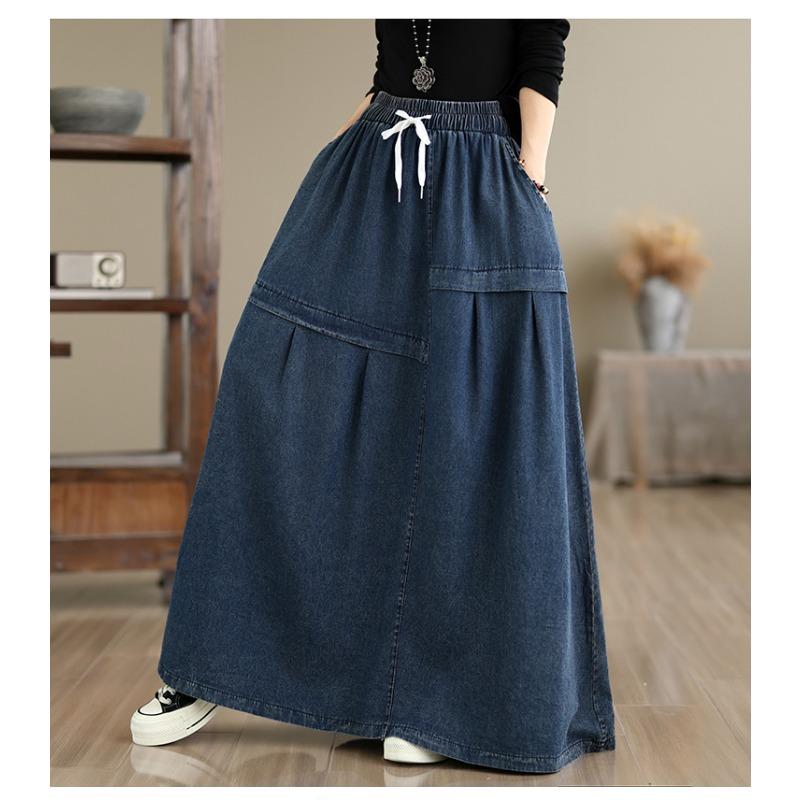 DIMANAF 2026 Autumn Winter Women Plus Size Denim Long Skirts Trousers Bottoms Cotton Loose Casual Oversize Denim Blue Skirt