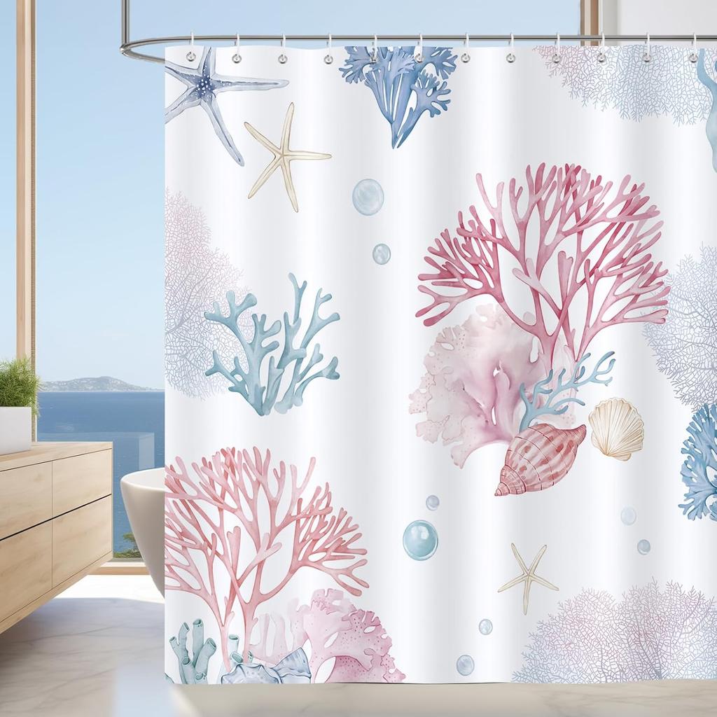 Ocean Themed Coral Seahorse Seashell Starfish Beach Shower Curtain, Polyester Fabric Waterproof Bathroom Curtain With 12 Hooks