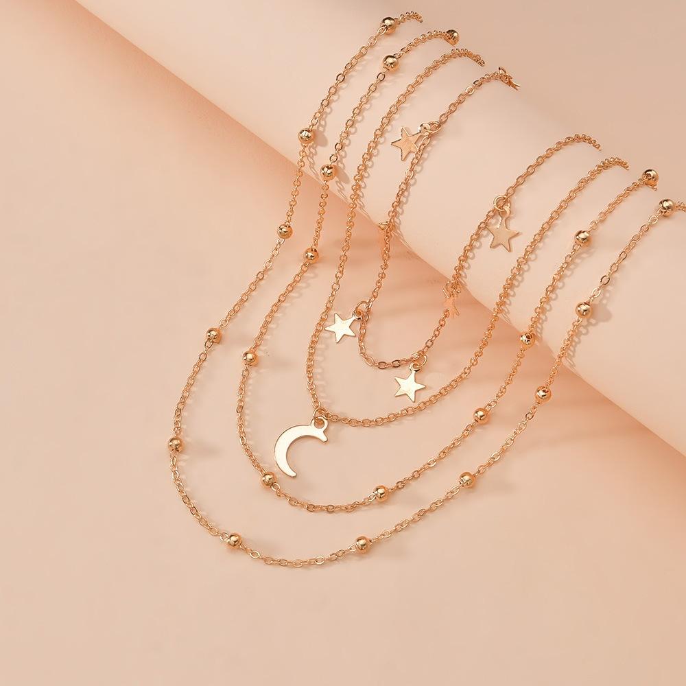 Light luxury style star fringed moon pendant multi-layer chain metal necklace