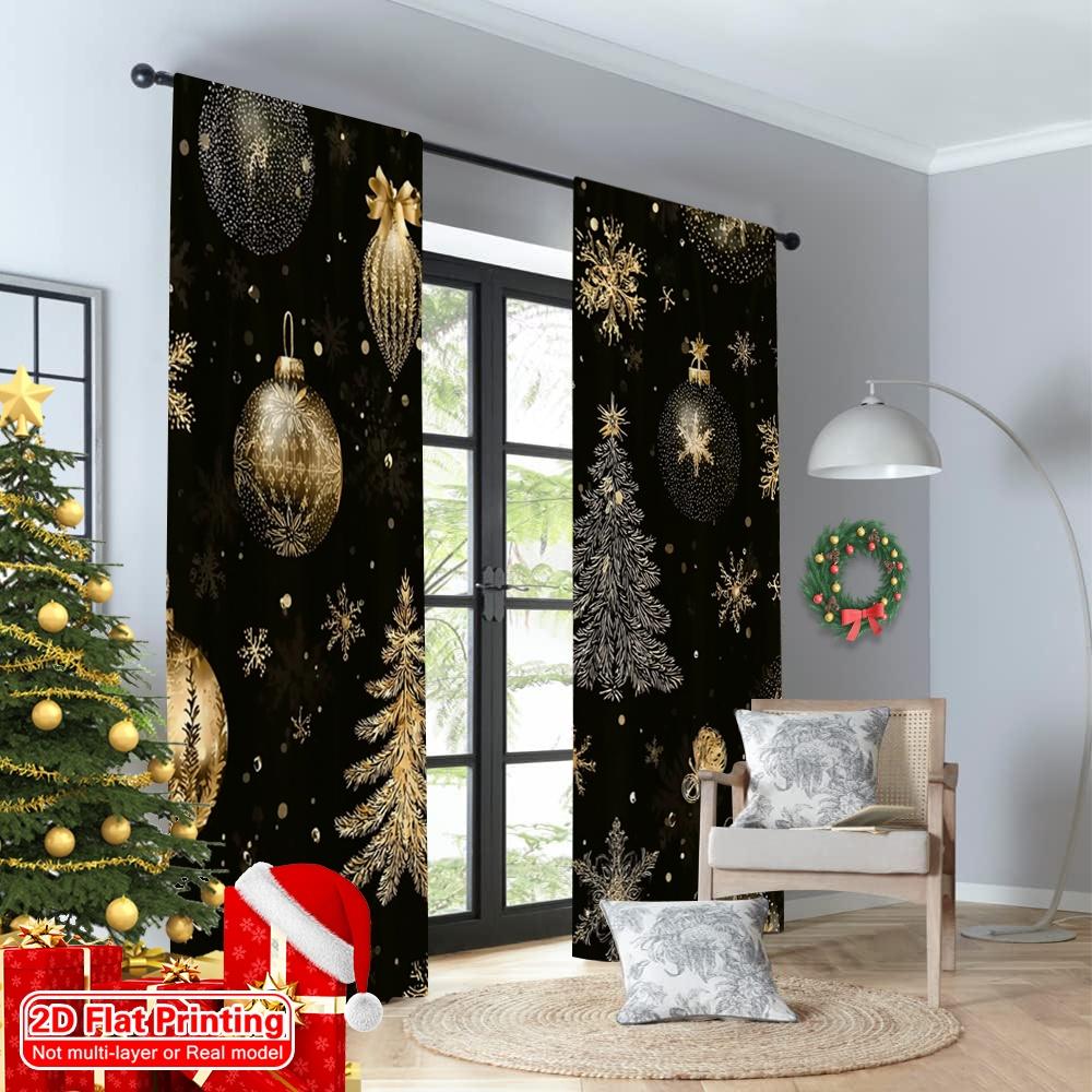 2D flat printing 2pcs Merry Christmas Window Curtains Golden Snowball Black Christmas 100% Polyester Without Electricity