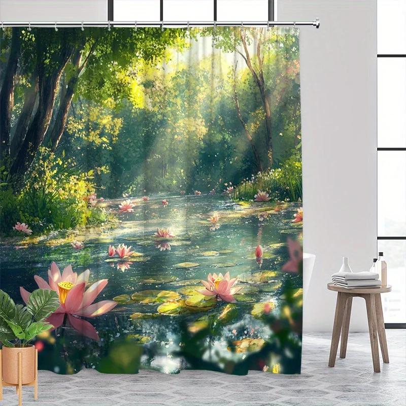 Serene Sunlit Forest Pond Shower Curtain Lotus Flowers Green Foliage Clear Water Polyester Washable with Hooks Bathroom Decor