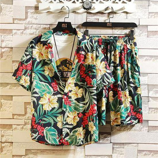 Men's Ice Silk Quick-Dry Floral Two-Piece Set: Trendy Summer Short-Sleeve Shirt & Beach Shorts, Couples' Matching Outfit.