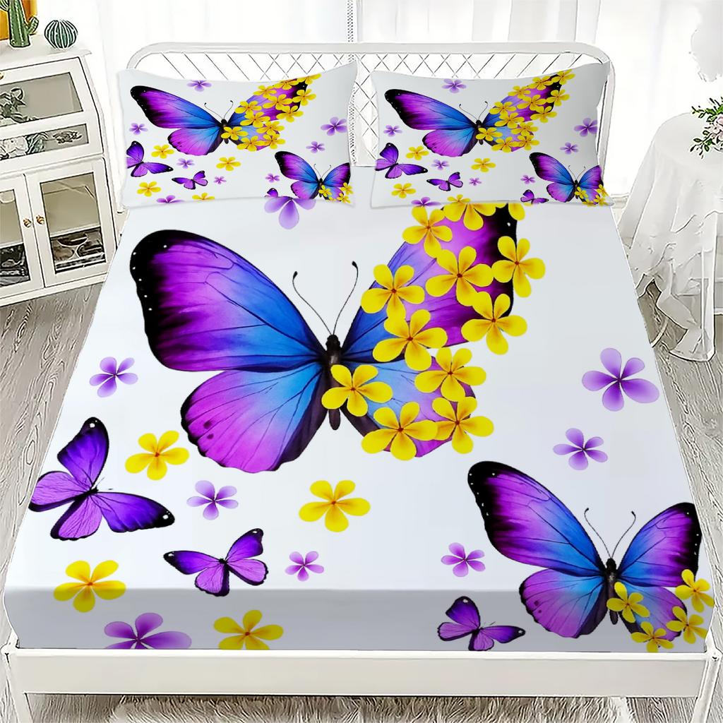 3pcs Fitted Sheet Set Beautiful Life Butterfly 3D Print 100% Polyester Mattress Covers Soft Bed Set Bedroom Decor 2 Pillowcase