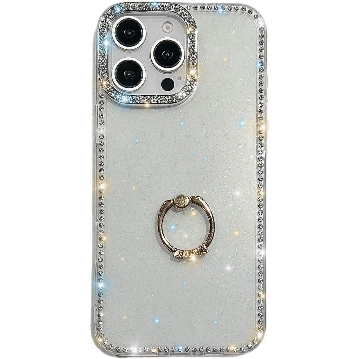 

For iPhone 15 Pro Max Case with Ring Kickstand Rhinestone Edge TPU+PC IMD Phone Cover Glitter Transparent