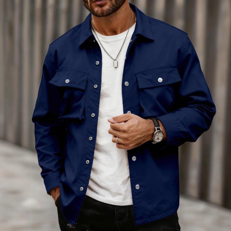 

Men s Casual Cargo Shirt Jacket Button Up Long Sleeve Shirt With Flap Pockets For Daily Wear S синій