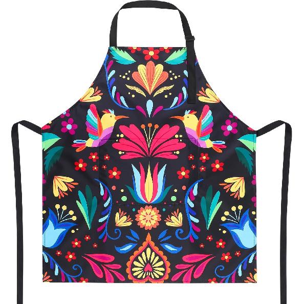 Mexican Apron for Women, Colorful Mexican Background with Flowers and Birds Apron, Waterproof Kitchen Cooking Apron with Pockets Adjustable for