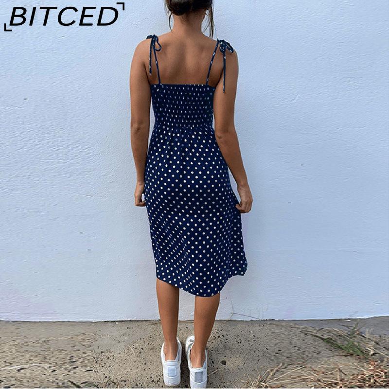 BITCED Kleider Sommerkleid Sommer Damen Lässig Ärmellos Gepunktet Strandkleid Hohe Taille Plissiert V-Ausschnitt Vestidos De Verano