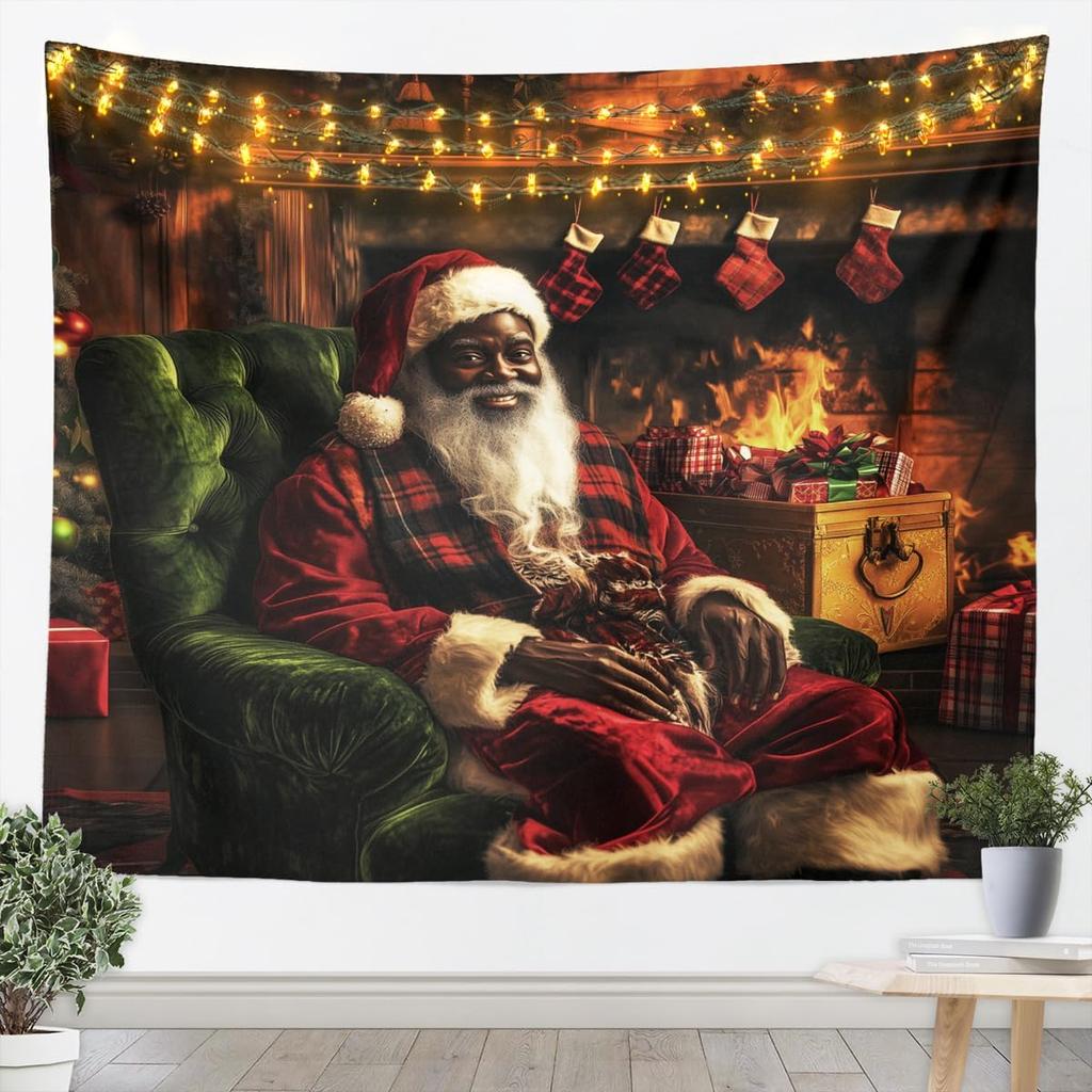 Black Santa Claus Tapestry Afro African American Wall Art Merry Christmas Wall Hanging Blanket for Living Room Bedroom Home