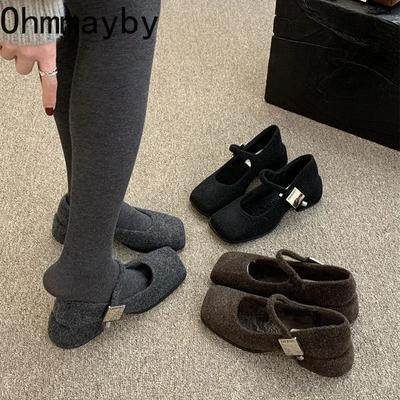 New Spring Wool Women Mary Jane Shoes Fashion Shallow Square Toe Shoes Concise Square Heels Shoes