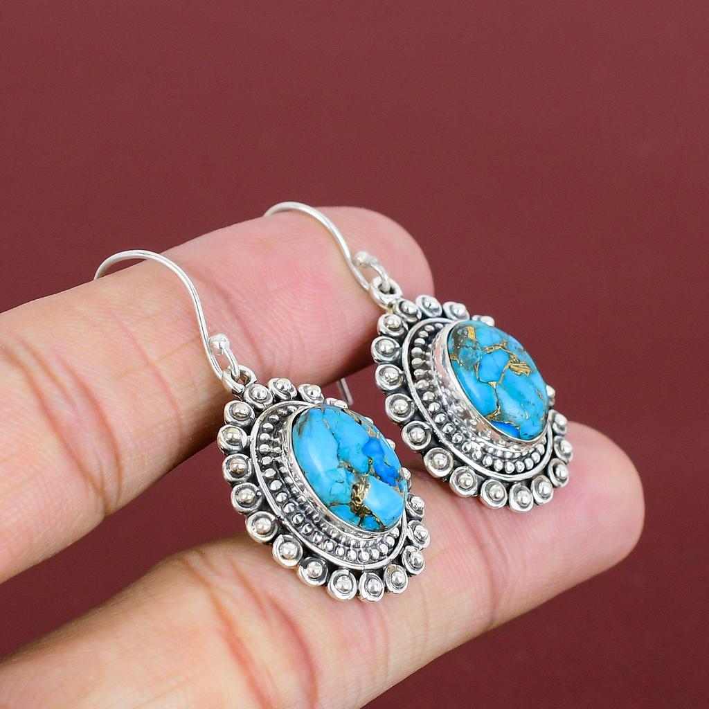 Copper Blue Turquoise Earring Vintage Gemstone Earrings 925 Sterling Silver Earring Antique Jewelry Handmade Dangle Earring Engagement Gifts