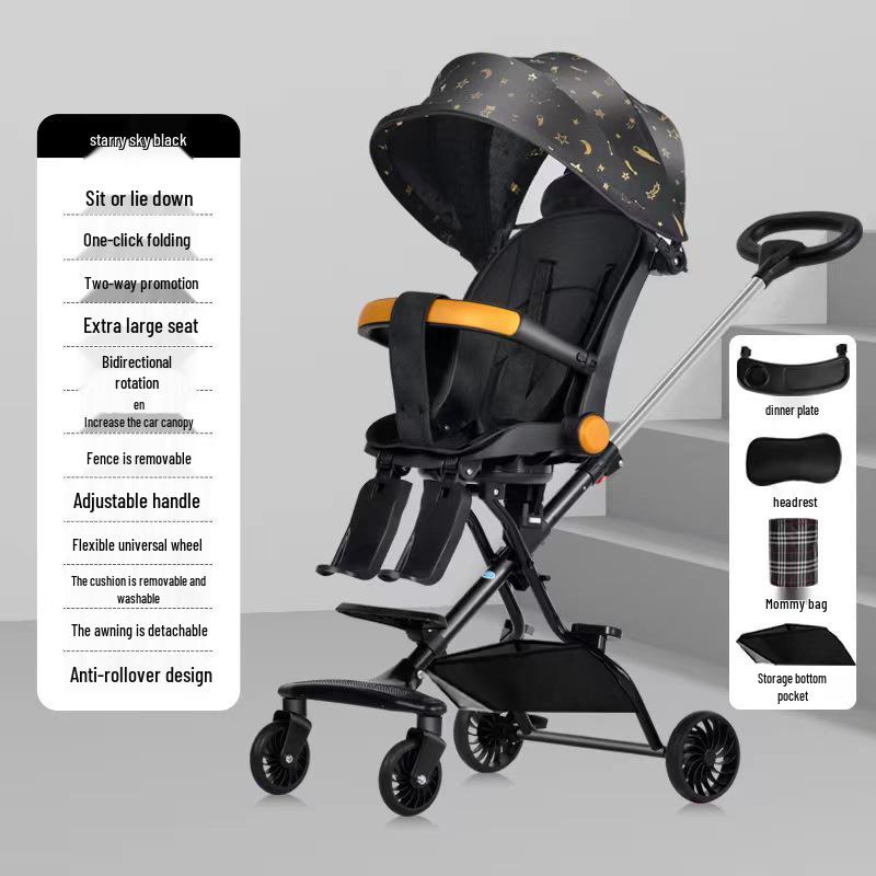 Lightweight Foldable Two-Way Reclining High Landscape Baby Stroller with Four Wheels.