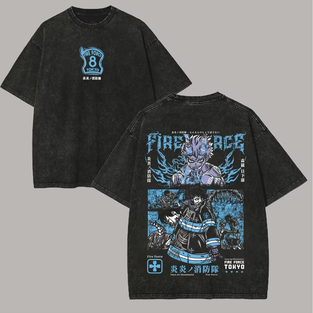 2026 summer Anime Fire Force Oversized T-shirt, Shinra Kusakabe 8th Company Dual-Sided Print Casual Washed Tee For Men Women