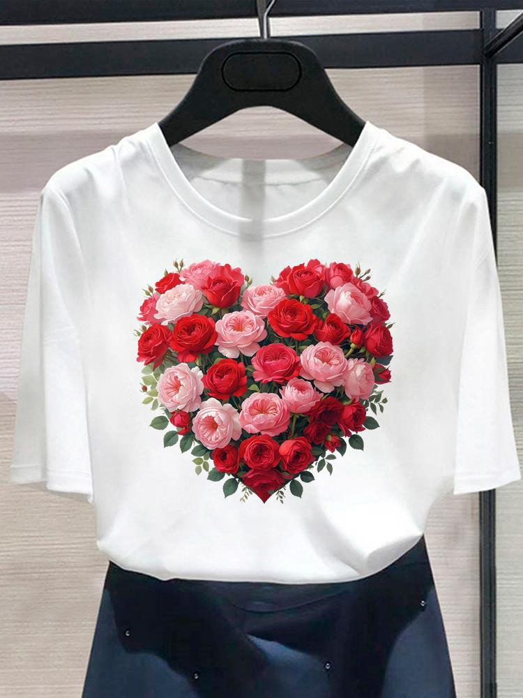 (Asian Size) Lovely Flower Trend Women's Top Print O-neck Casual T Fashion Female Clothing Graphic Tee Short Sleeve T-shirts