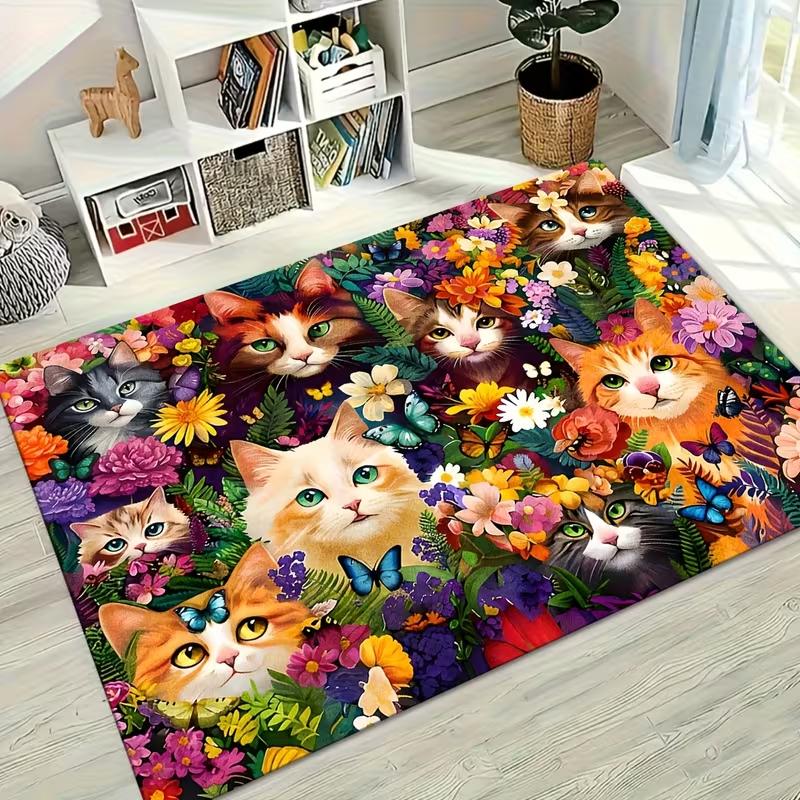 Cute Black Cat Floral Print Area Rug Soft Non-Slip Living Room Carpet Boho Flower Cat Pattern Floor Mat for Bedroom Hallway