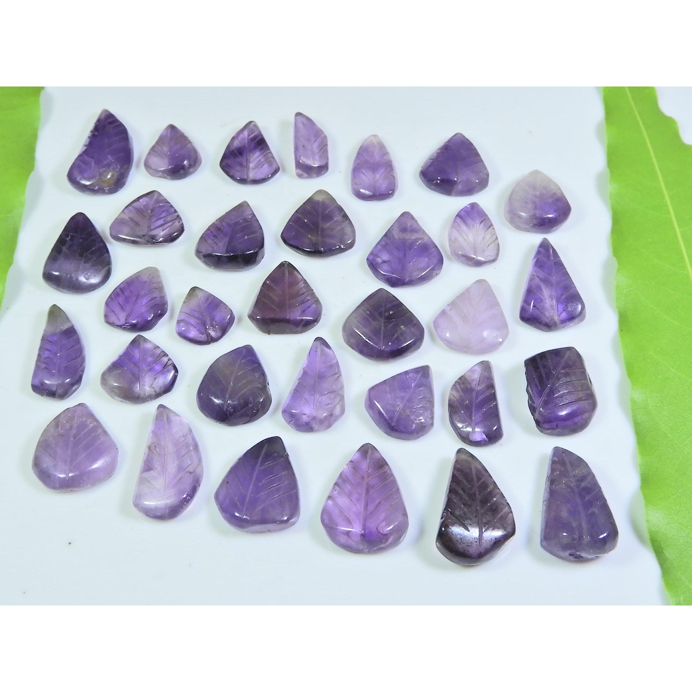 

153Cts. Натуральный Аметист Резьба Лист Груша Кабошон Свободный Драгоценный Камень Лот 31 шт. A-548