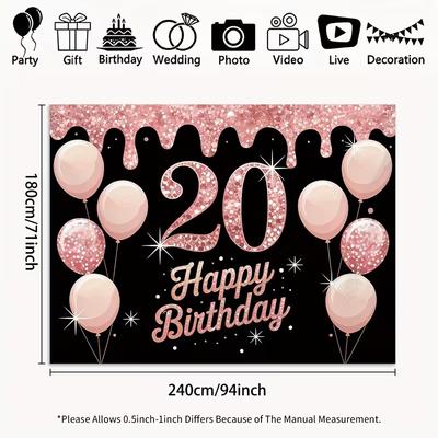 2D Flat Printed Rose Gold 20th Birthday Backdrop Black Balloon Party Decor