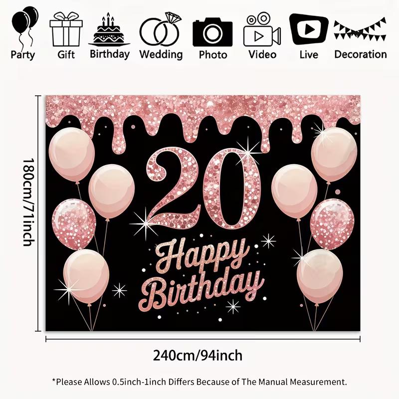 

2D Flat Printed Rose Gold 20th Birthday Backdrop Black Balloon Party Decor 47.2x31.5inch/120*80cm
