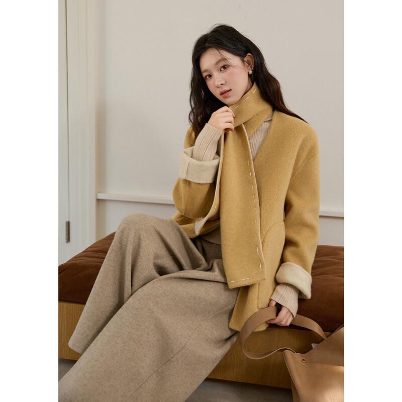 Women's Wool Double-Sided Coat with Integrated Scarf
