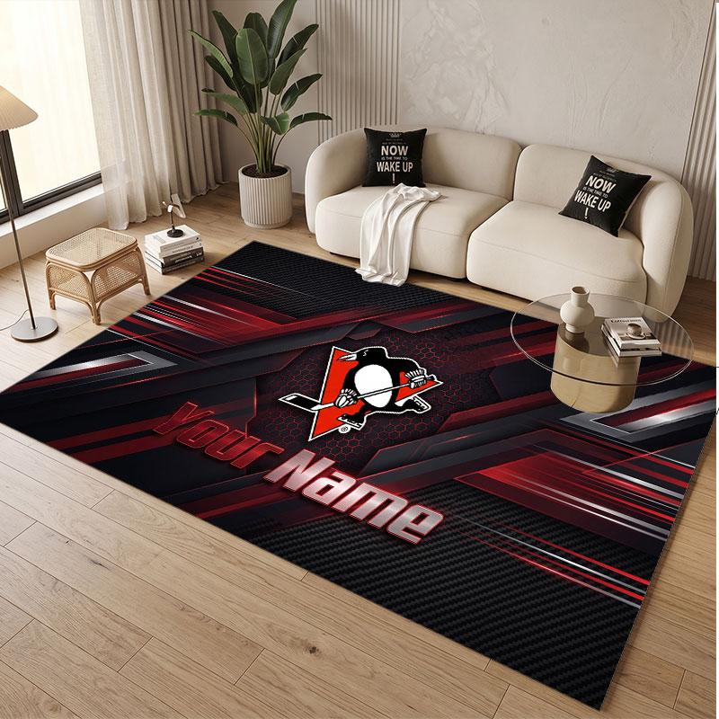 Custom Rug Pittsburgh Penguins Pattern Print Name Text Soft Non‑Slip Floor Carpet for Home Indoor Decoration
