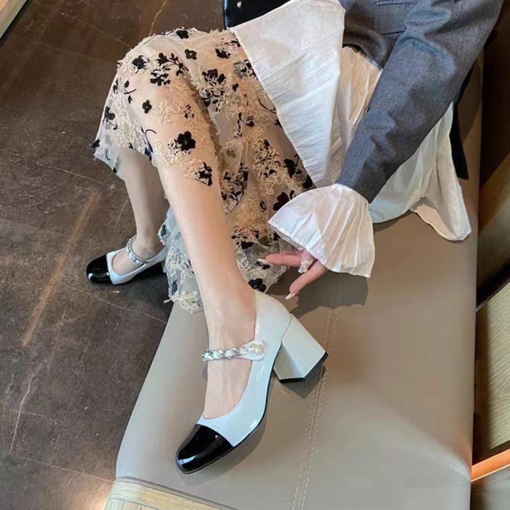 2025 New Tweed Patchwork Mary Jane Shoes for Women - Chic Pearl Embellished Chunky Heel High-Heel Single Shoes