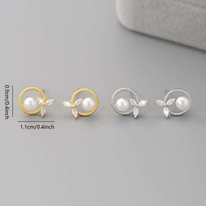 925 Sterling Silver Exquisite Zircon Flower Shell Pearl Stud Earrings Shiny Daily Wear Fine Jewelry For Women