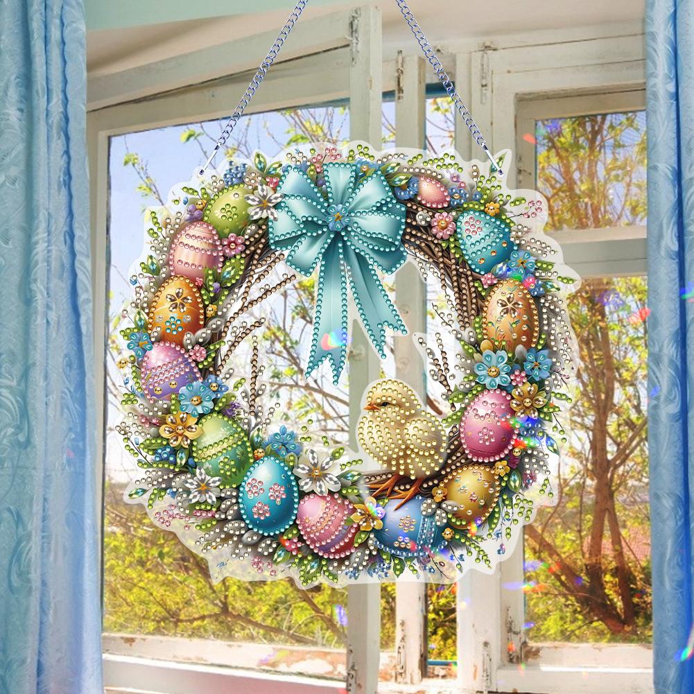 2025Acrylic Special Shape Easter Egg Wreath 5D DIY Diamond Painting Dots Pendant Rhinestone Diamond Art Pendants for Wall Window