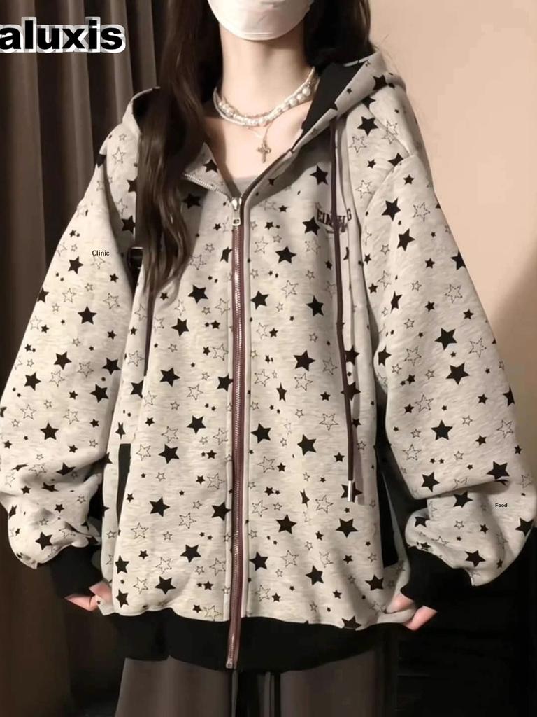Street Style Star Printed Hoodie Sweatshirt for Women Spring New Loose College Style Zipper Open Cardigan Top
