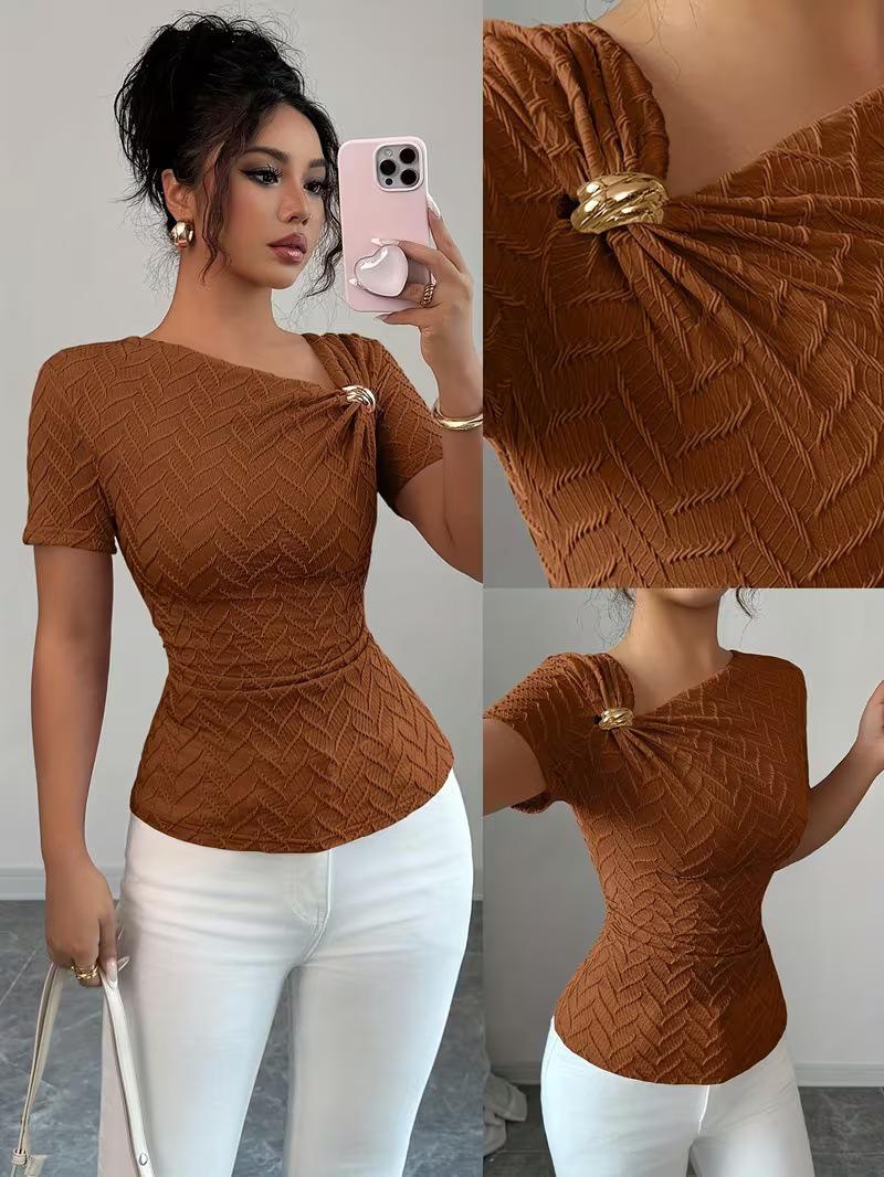 Европейская женская приталенная футболка с асимметричным вырезом и металлической отделкой XXL