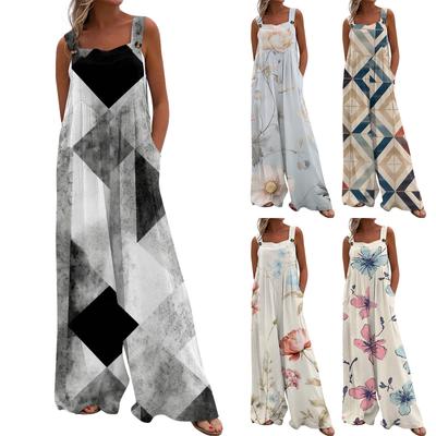 Damen-Overall, lässiger Druck, weites Bein, Overall, Latzhose, ärmellose Träger mit Taschen, Outfits