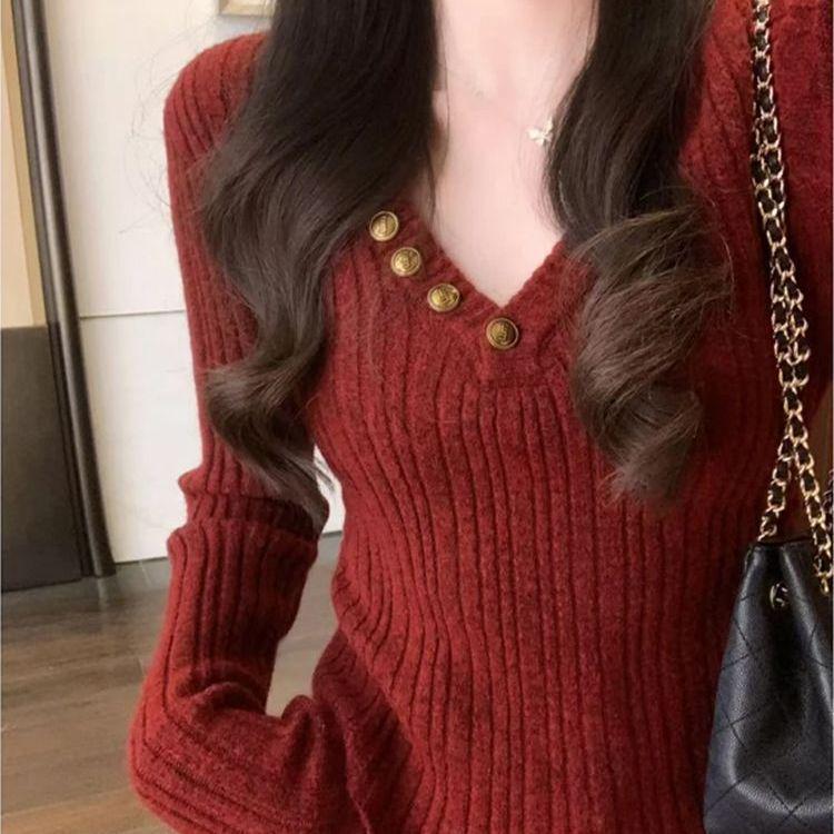 Women's Red V-Neck Knitted Sweater - Slim-Fit, High-End Christmas & New Year Style, Perfect for Autumn/Winter