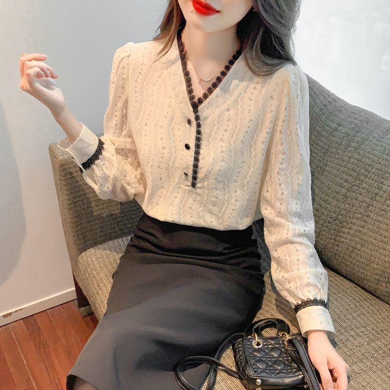 Chic French Style Lace Shirt for Women, V-Neck and Trendy Design, Ideal for Autumn Season, Unique and Beautiful