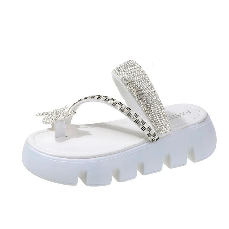 Fashion Women's Flat Slippers Toe Clip Bow Tie Rhinestones Anti-slip Slippers Shoes Leisure Beach Summer Fashion New Sandalias De Mujer