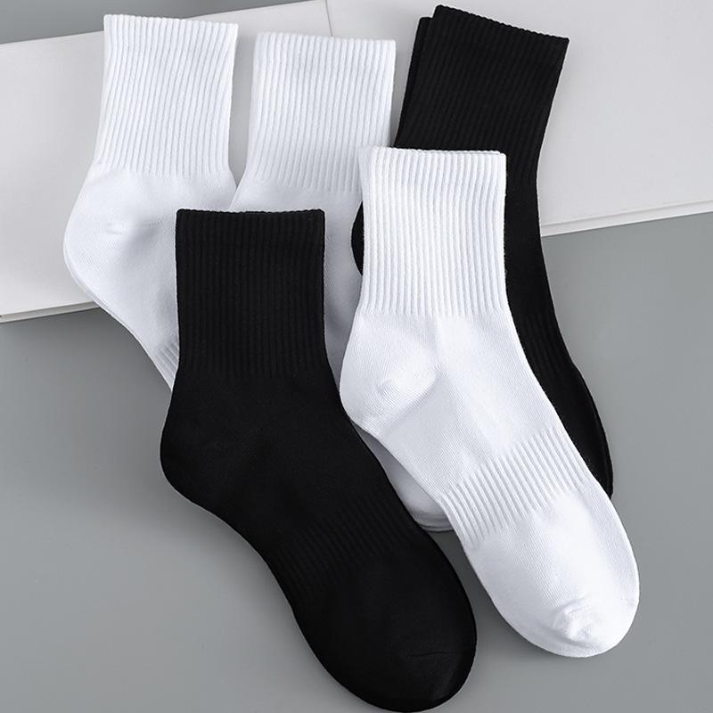 Summer Mid-calf Socks, Breathable Sports Cotton Socks for Men and Women, Black and White, High Rubber Band, Thickened Towel Soles