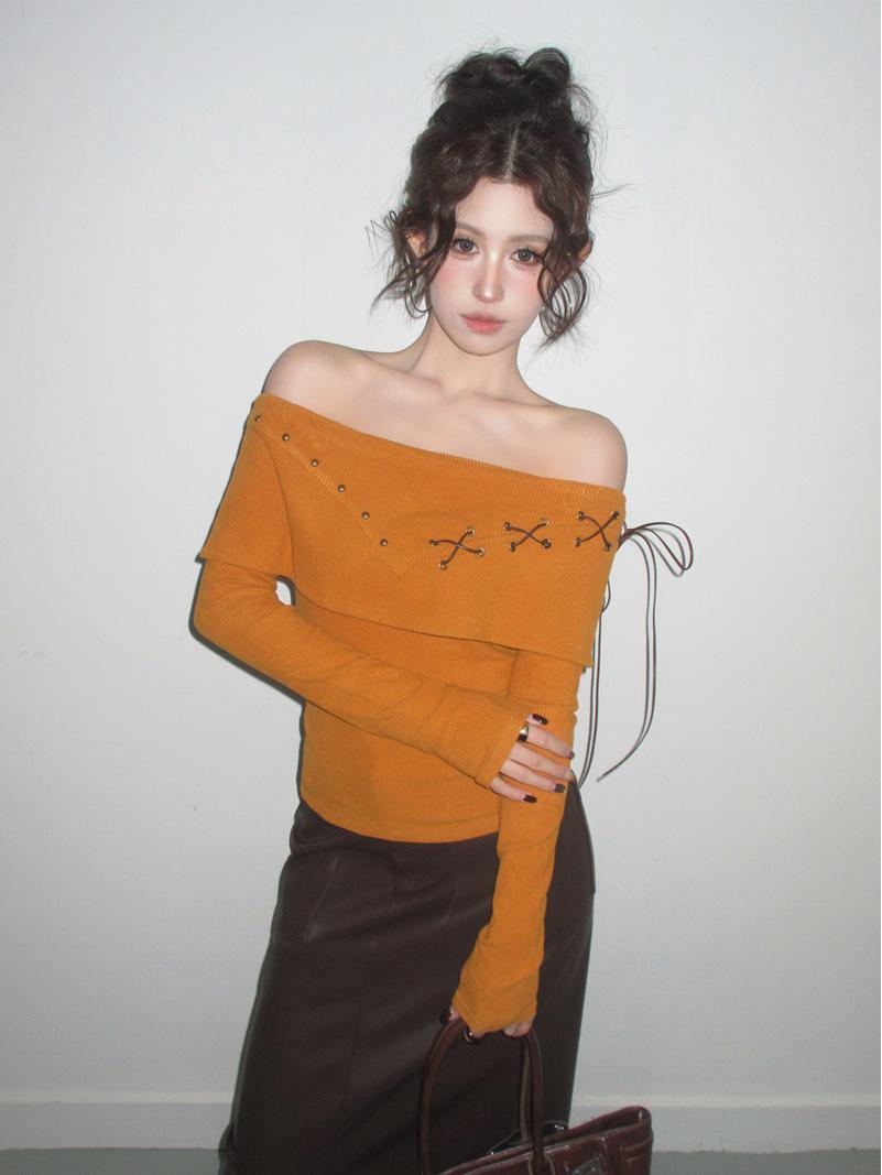 2026 Sexy One-Shoulder Strappy Long Sleeve Slimming Off-the-Shoulder Top One Size оранжевый