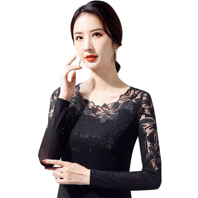 Lace Long Sleeve T Shirt With Mesh Fabric For Womens Elegant Office Wear